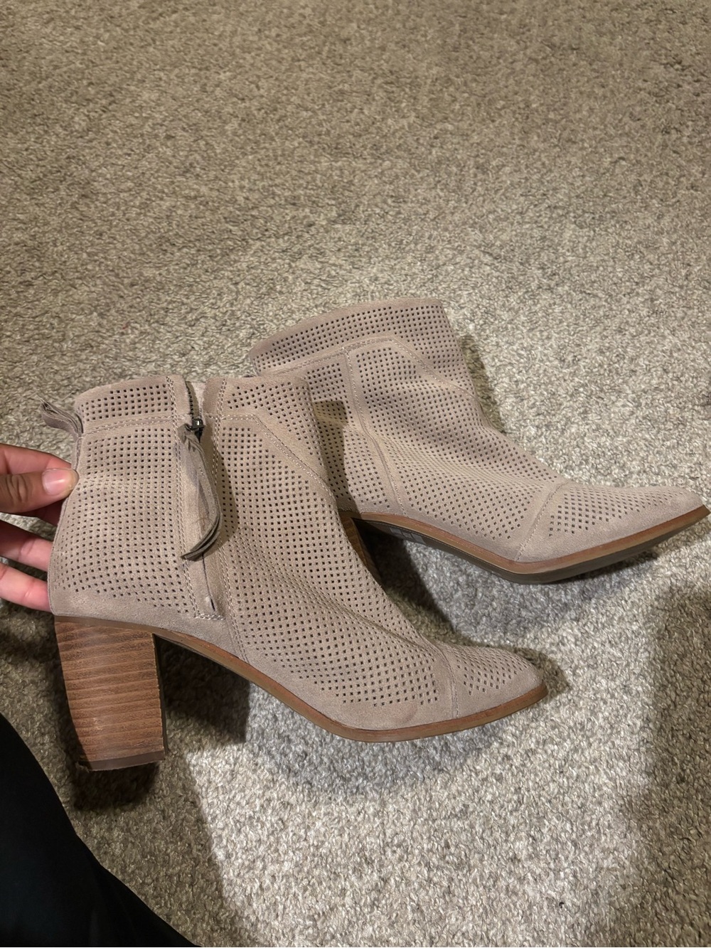 Toms Taupe Perforated Suede Ankle Booties with Block Heel